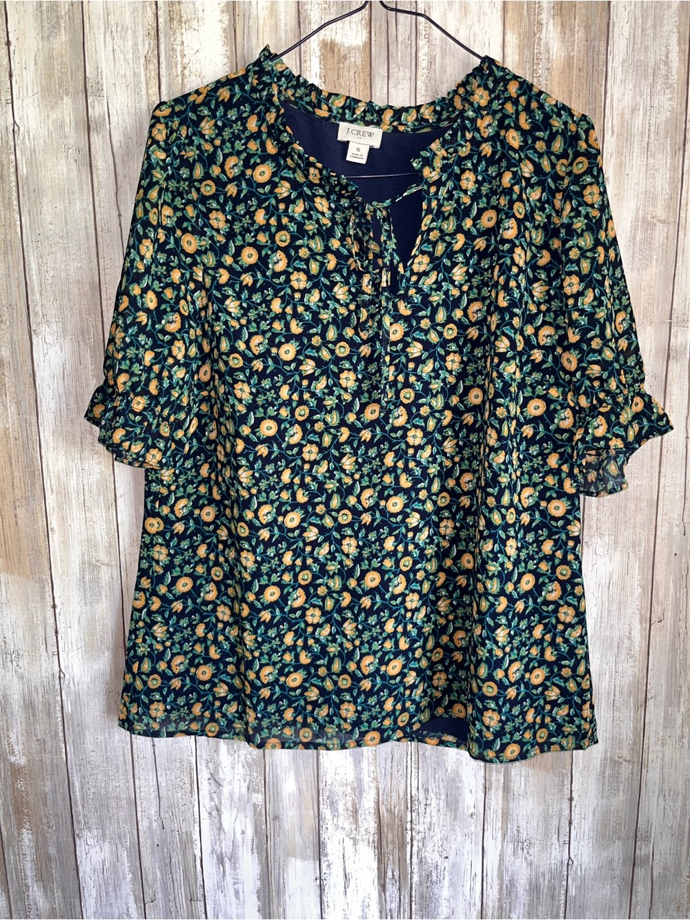 J.Crew Floral Ruffle Neck Blouse Small Blue Yellow Short Sleeve Top - Picture 2 of 7
